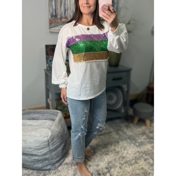 Mardi Gras Sequined Color Block French Terry Purple Green Gold Ivory 1123 - Picture 2 of 11